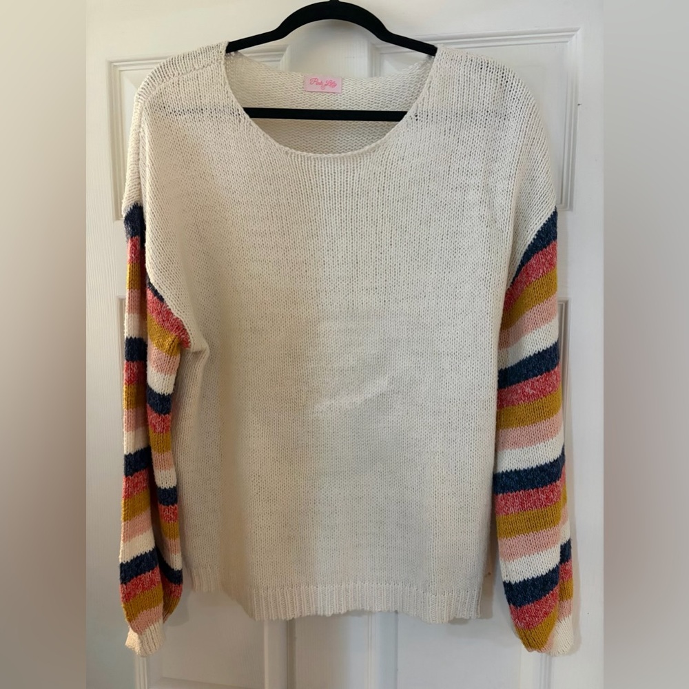 Pink Lily Cream Sweater with Multicolor Striped Sleeves